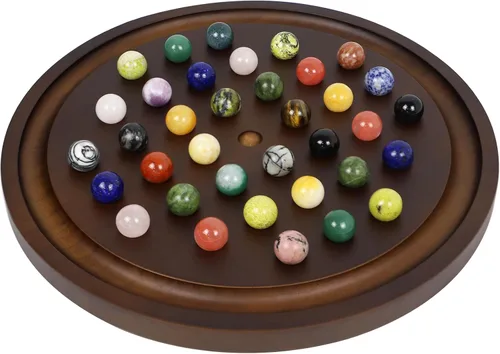 Juego de solitario grande hecho a mano con 36 canicas de mármol natural, juego de mesa redondo clásico grueso para adultos (nogal, mediano)
