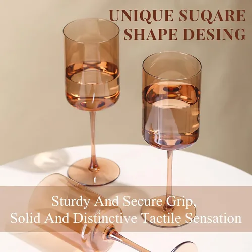 Miniatura 6 de Juego de 6 copas de vino ámbar de 14 onzas sopladas a mano cuadradas de color con tallos altos y largos, juego moderno para todas las ocasiones