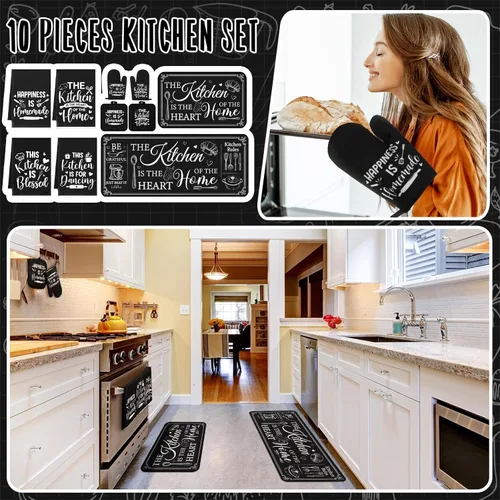 Miniatura 2 de Fourluoo Juego de 10 piezas de decoración y accesorios de cocina de granja, 4 toallas de cocina, 2 soportes para ollas, 2 guantes de horno, 2 Negro