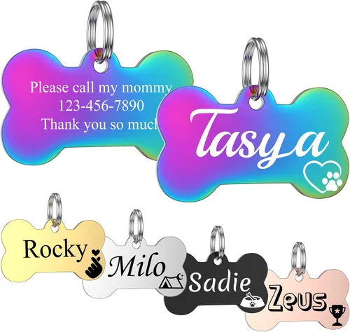 GISUREY - Etiquetas de perro grabadas para mascotas, de acero inoxidable, etiquetas personalizadas de nombre de perro y gato, etiquetas de Hueso