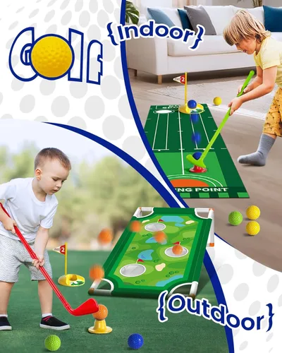 Miniatura 7 de KINGTOP Juego de golf para niños pequeños con tapete de putting y tabla de cornhole, palos de golf para niños de 3 a 5 años con 10 pelotas, 4 palos