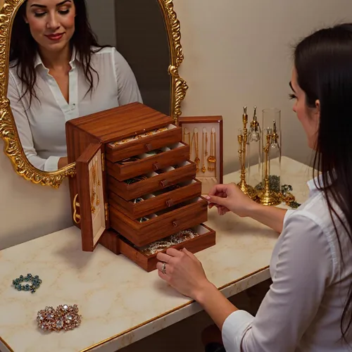 Miniatura 8 de Joyero de madera para mujer, organizador con cajones, organizador de almacenamiento de joyas para aretes, anillos, collares, pulseras