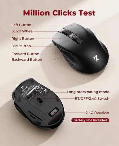 Miniatura 8 de Redragon Mouse inalámbrico BT5.0/3.0 y 2.4G, 6 botones, ratón Bluetooth de 4000 DPI de 5 niveles, batería de 18 meses, ratones ópticos portátiles