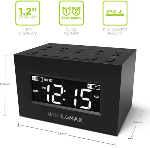 Miniatura 3 de HANNLOMAX Radio despertador HX-111CR, radio PLL AM/FM, alarma dual, pantalla LED blanca, DST automático, conector auxiliar (negro)