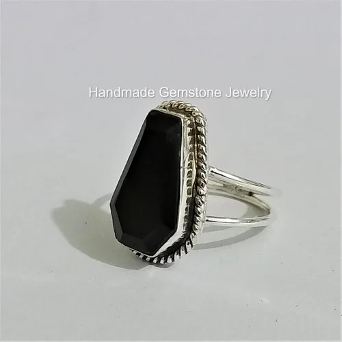 Miniatura 4 de Anillo de ataúd de ónix negro natural, chapado en plata de ley 925, piedra preciosa negra, declaración hecha a mano, piedra de ataúd, regalo
