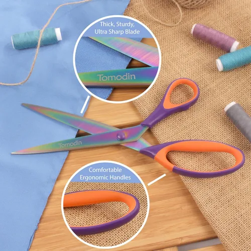 Miniatura 17 de BambooMN Juego de tijeras de titanio Softgrip para costura, arte, manualidades, oficina, 1 juego de 3 unidades, rojo con incrustaciones negras 3