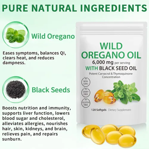 Miniatura 2 de Cápsulas blandas de aceite de orégano de 6000 mg, 120 unidades, cápsulas de suplemento de aceite de orégano, alto Carvacrol, aceite de orégano 2
