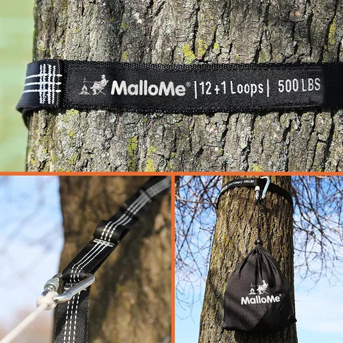 Miniatura 3 de Correas para hamaca MalloMe XL - Juego de correas para colgar hamacas en árboles (incluye 2 correas de 227 kg cada una) con 26 bucles y kit