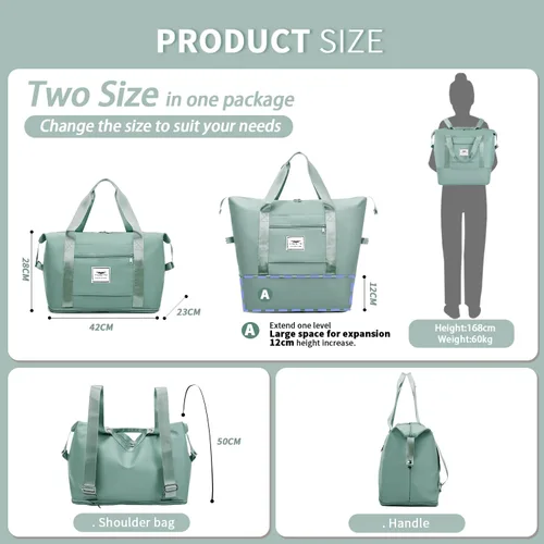 Miniatura 2 de FIORETTO Bolsa de viaje expandible para mujer con doble correa para el hombro, bolsa deportiva para gimnasio con bolsillo húmedo, bolsas de fin
