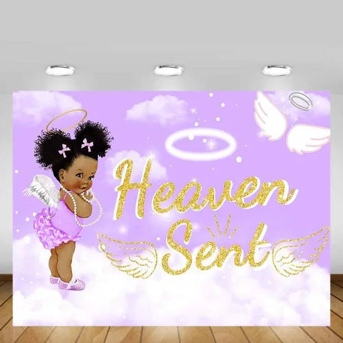 Miniatura 2 de MEHOFOND Telón de fondo para fiesta de baby shower, 7 x 5 pies, cielo morado, nube, blanco, alas de ángel, decoración de alas de ángel, regalo
