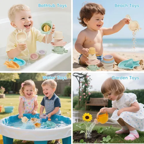 Miniatura 7 de Juguetes de baño para niños de 1 a 3 años, 16 unidades Juguetes de baño fáciles de limpiar y sin moho para bebés con tazas apilables Regadera