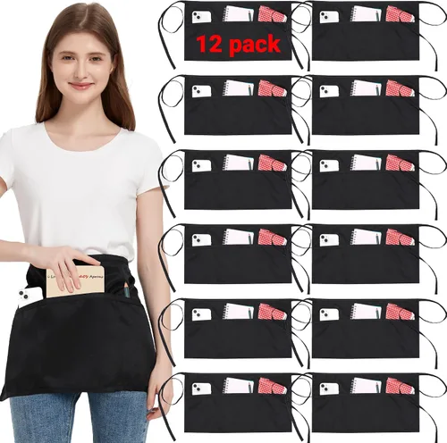 Miniatura 15 de Paquete de 3 delantales de cintura con 3 bolsillos, delantales de camarero unisex negros, delantales resistentes al agua para restaurante, chef y bar