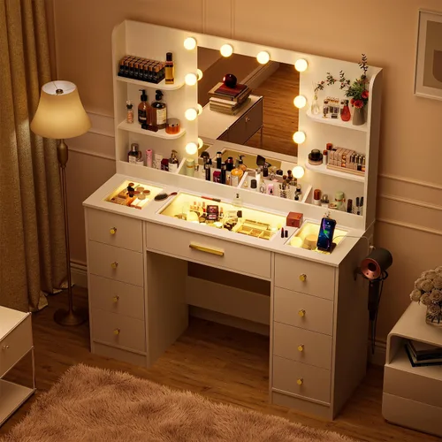 Miniatura 11 de LAKEMID Escritorio de tocador blanco con espejo y luces, mesa de tocador de maquillaje con salida y 8 cajones, escritorio de maquillaje con luces