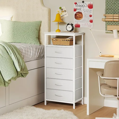 Miniatura 2 de Huuger Cómoda blanca con 5 cajones y estación de carga, cómoda alta para dormitorio, mesita de noche alta con acabado de piel sintética, estante