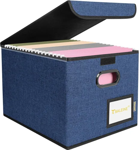 Miniatura 32 de Caja organizadora de archivos Baleine con tapa, organizador de carpetas de archivos plegable con deslizador de plástico, caja de carpetas