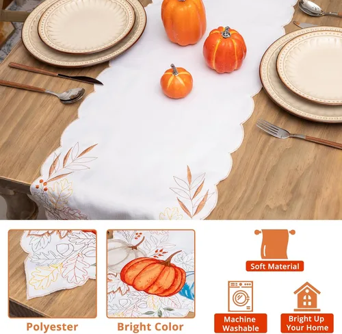 Miniatura 6 de Camino de mesa de otoño, 13 x 72 pulgadas, calabazas bordadas, hojas, camino de mesa de otoño, Acción de Gracias, decoración de mesa para cocina