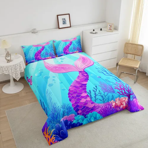 Miniatura 2 de Erosebridal Juego de edredón de sirena para niñas, edredón acolchado con escamas de pez azul verdoso, edredón de plumón del mundo submarino