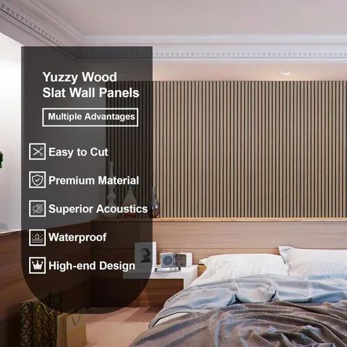 Miniatura 4 de Yuzzy Paneles de madera para pared, paneles acústicos de listones de madera de nogal oscuro de 9 pies, 4 unidades, paneles de pared modernos que