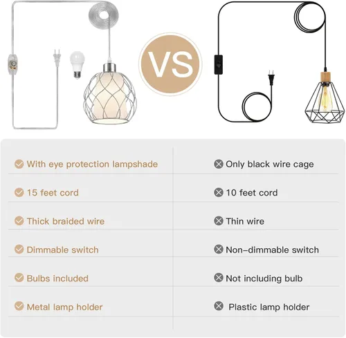 Miniatura 3 de Cinkeda Luces colgantes con cable de enchufe, lámparas colgantes que se enchufan a la toma de corriente con interruptor regulable y cable Plateado