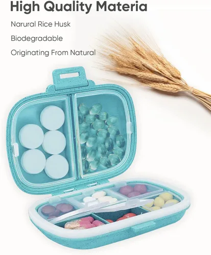 Miniatura 9 de Holii Pastillero de viaje, 8 compartimentos, pastillero portátil, pastillero diario para guardar vitaminas, pequeño contenedor de píldoras para Azul