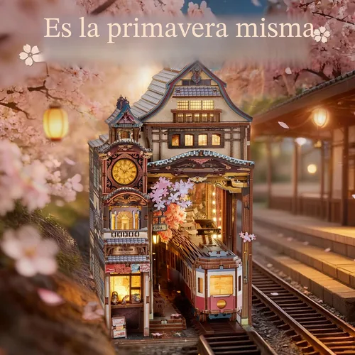 Miniatura 2 de FUNPOLA Kit de rincón de lectura del tren Sakura – Rompecabezas de madera 3D con LED y espejo infinito – Decoración de estantería DIY, manualidad