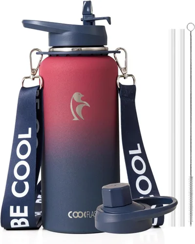 Miniatura 37 de Botella de agua Coolflask de 40 onzas con correa, botella de agua metálica aislada con popote y tapas con pico, acero inoxidable de doble pared al