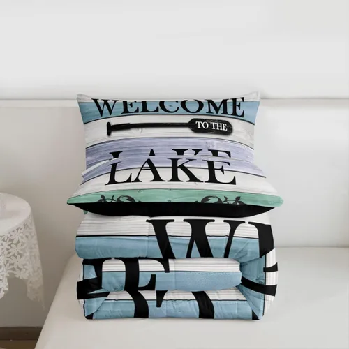 Miniatura 7 de Juego de ropa de cama King para casa del lago, juego de edredón de paleta de madera retro para regalos para amantes del lago, inserto de edredón