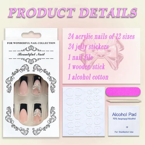 Miniatura 2 de 24 uñas postizas a presión de punta francesa negra, uñas postizas largas cuadradas, color rosa, cobertura completa, con diamantes de imitación, L1.