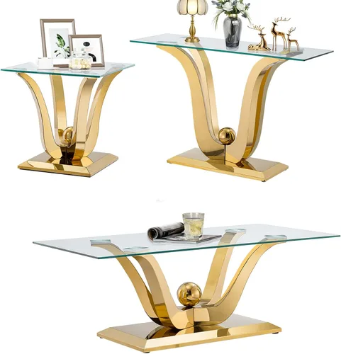 Miniatura 30 de SSLine Mesa auxiliar de cristal de lujo para sala de estar, mesa auxiliar moderna dorada con base de pedestal de acero inoxidable en forma de flor