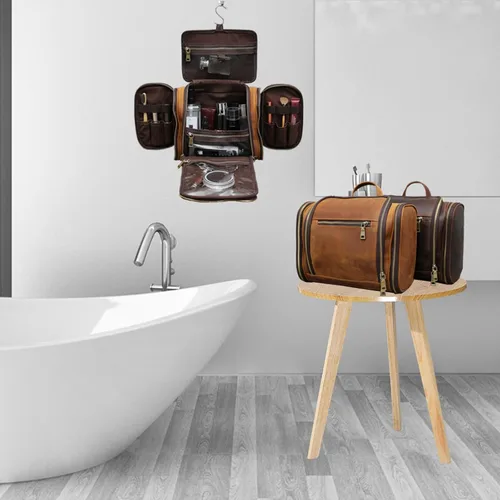 Miniatura 5 de Neceser colgante, bolsa personalizada de cuero genuino para hombre y mujer, organizador de viaje para artículos de tocador, regalo para el mejor
