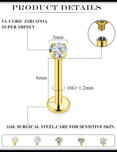 Miniatura 2 de Aretes de nariz de acero quirúrgico 316L con parte trasera plana de 16G, piercing de labio Medusa Labret Monroe, Tragus Forward Helix, Caracola