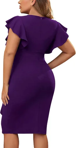 Miniatura 4 de Miusol Vestido de tubo vintage con cuello en V para mujer, talla grande, manga con volantes, para negocios, cóctel, fiesta