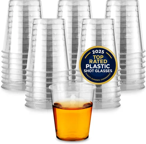 Vasos de chupito de 1.5 onzas – 100 mini vasos de chupito de plástico (1.5 onzas), vasos desechables transparentes para chupitos de gelatina,
