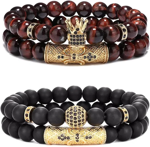 Juego de 4 pulseras de 0.315 in con corona King para hombres y mujeres, ojo de tigre, negro mate, ónix mate, cuentas de piedra natural