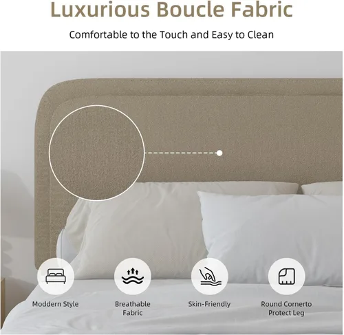 Miniatura 7 de BarnFurin Base de cama individual con cabecero, cama de plataforma tapizada Cloud Boucle, esquinas redondeadas suaves, no necesita somier, Beige