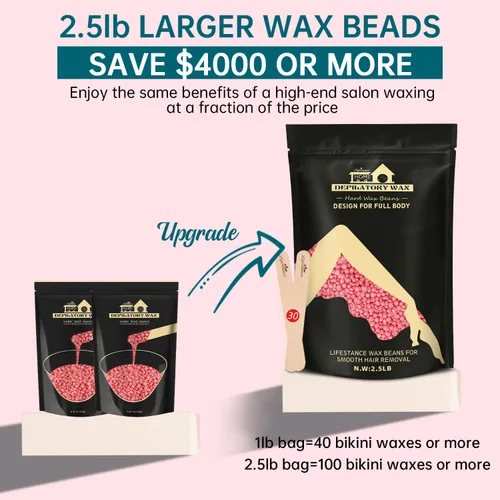 Miniatura 2 de Lifestance Kit de granos de cera para depilación, Rosado, 1.13kg con 30 aplicadores para cejas, cara, axilas, depilación en bikini, para pieles