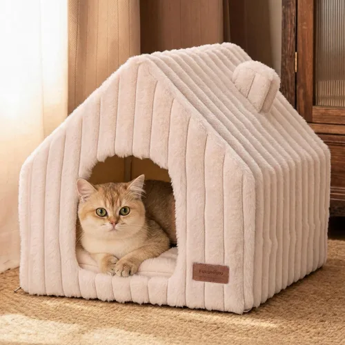 Miniatura 9 de FUKUMARU Casas para gatos de interior, cueva linda y lavable para gatos con almohada removible, casa grande semi-cerrada y acogedora para perros