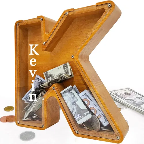 Miniatura 77 de Alcancía para niños y niñas, alcancía grande de madera personalizada con diseño recortado, bancos de monedas con letras del alfabeto, caja de ahorro