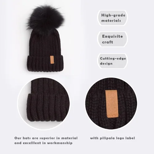 Miniatura 4 de Gorro de invierno de punto con pompón de piel para mujer
