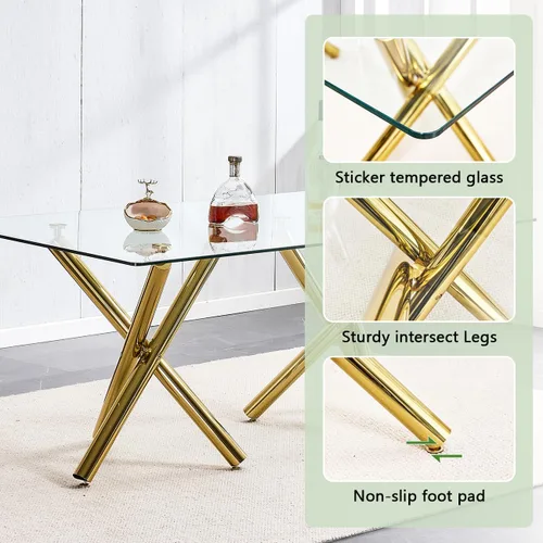 Miniatura 4 de Ebullient Moderno juego de mesa de comedor para 6, mesa de comedor de cristal de 71 pulgadas y patas de mesa de metal dorado, mesas de comedor