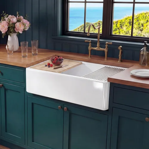 Miniatura 10 de Miuara Fregadero blanco con estación de trabajo de granja de 24 pulgadas, fregadero de cocina frontal con delantal de arcilla refractaria pequeño