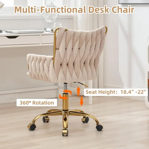 Miniatura 5 de ABET Silla de Escritorio de Terciopelo con Ruedas, Bonita Silla de Oficina Giratoria Tapizada, Moderno Sillón Rodante Dorado Tejido a Mano con Beige