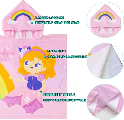 Miniatura 6 de NovForth Toalla de playa para niños y niñas, envoltorio de toalla de baño con capucha, toalla de piscina para niños pequeños con capucha Rainbow Girl