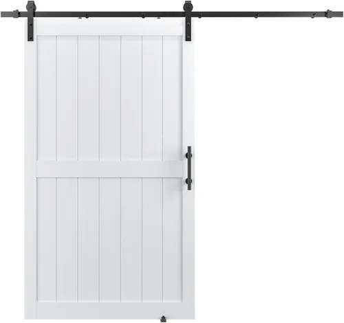 Puerta corrediza estilo granero de 48 x 84 pulgadas con kit de herrajes para puerta corrediza de 8 pies y asa, agujeros preperforados para fácil