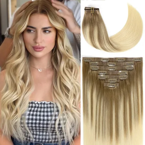 Miniatura 72 de Loxxy Extensiones de cabello humano con clip, sin costuras, 22 pulgadas, color marrón oscuro a castaño oscuro y marrón oscuro, 7 piezas