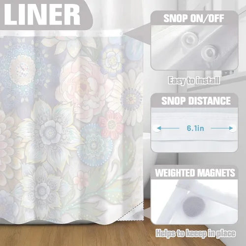 Miniatura 4 de Neasow Cortina de ducha sin gancho con forro a presión, cortinas de tela floral bohemia con forro interior impermeable con imanes ponderados