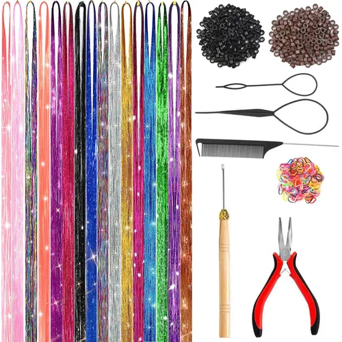 Kit de oropel para el cabello (122 cm, 12 colores, 3800 hebras), extensiones de cabello de oropel de hada con herramientas - accesorios de oropel