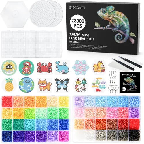 INSCRAFT 28,000 cuentas mini fusibles, cuentas de 2.6 mm de 48 colores con 7 tableros de clavijas, 15 hojas de planchado, 2 pinzas, 2 papeles de