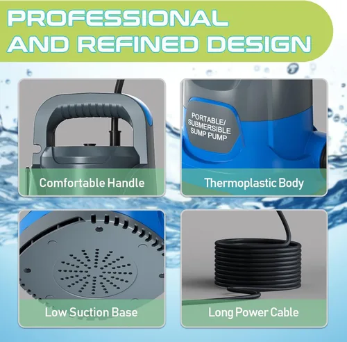 Miniatura 4 de Bomba de sumidero 1.1HP Bomba de agua sumergible 4700GPH Bomba de agua de transferencia portátil eléctrica para piscina Drenaje sótano Azul