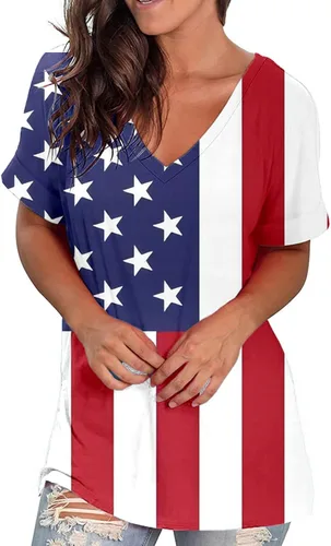 Ceboyel Camisetas de encaje para mujer, 4 de julio, manga corta, con bandera estadounidense, cuello en V, blusa casual tipo túnica elegante